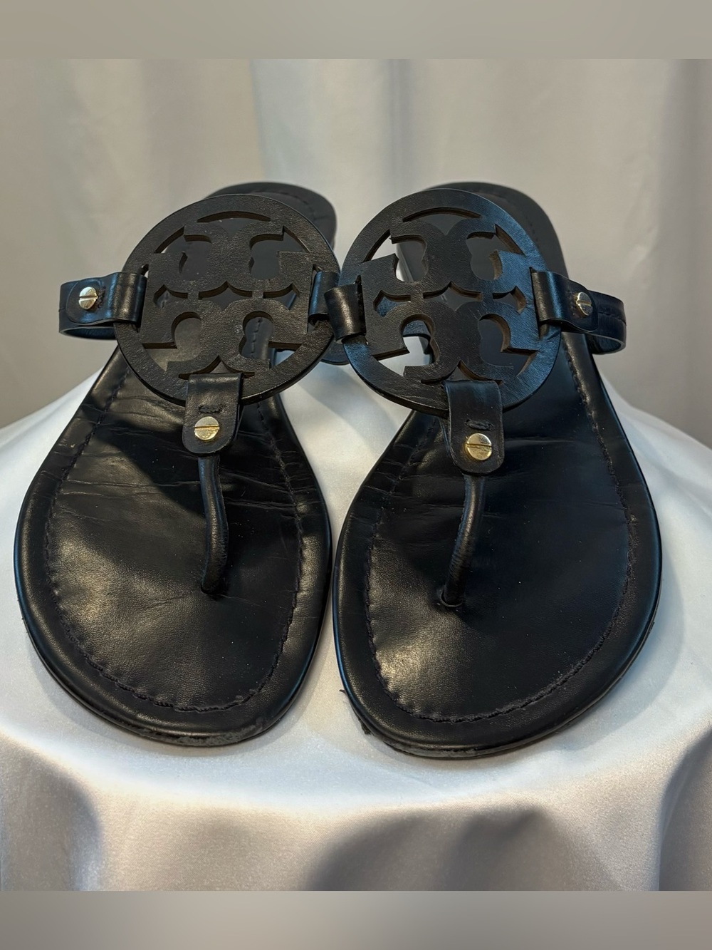 Tory Burch Black Leather Logo Thong Sandals